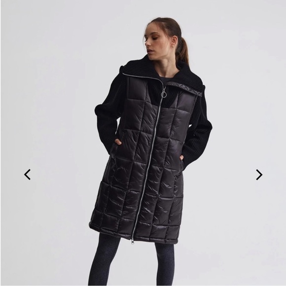 Varley Mayten Knit Puffer Jacket Black Mock Neck Zipper Ribbed Long Coat Medium - Picture 1 of 16